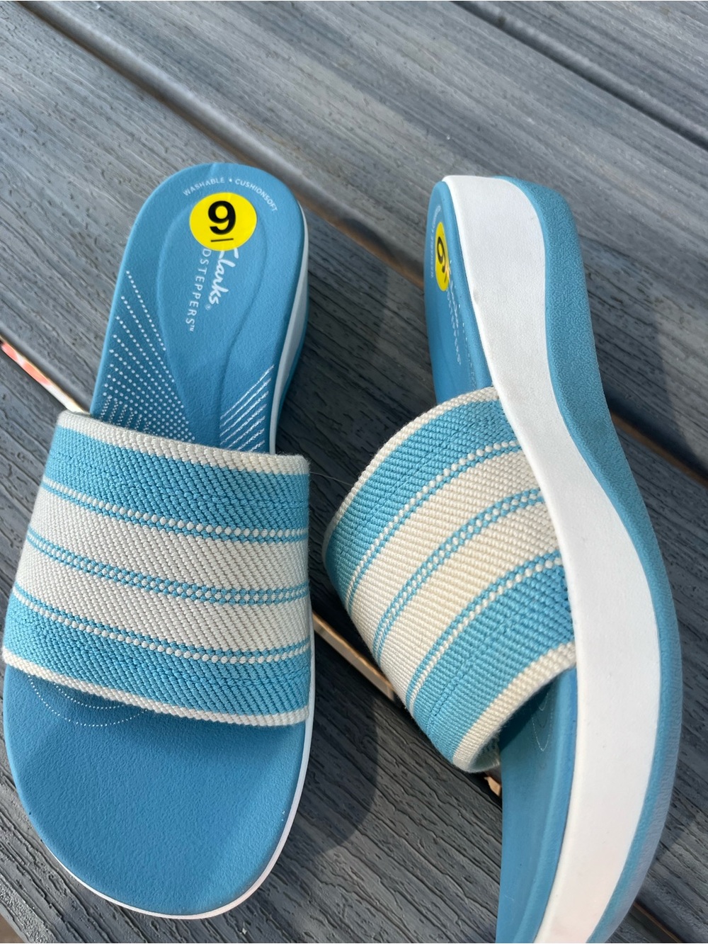 Clarks Women's Blue & Cream Arla Striped Slide Sandals Comfort 9